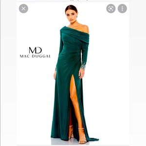 Mac Duggal asymmetrical jeweled gown in emerlad green.